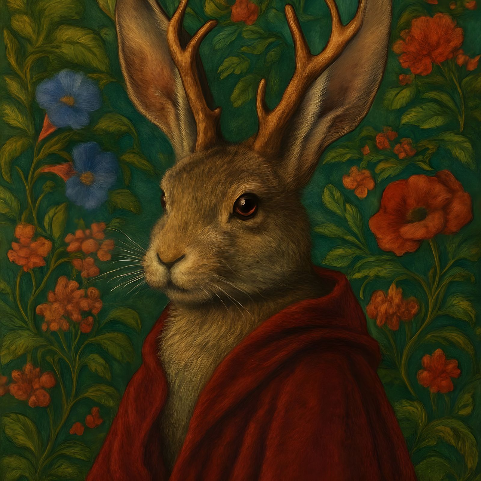 Whimsical jackalope with rabbit ears and deer antlers,  wear...