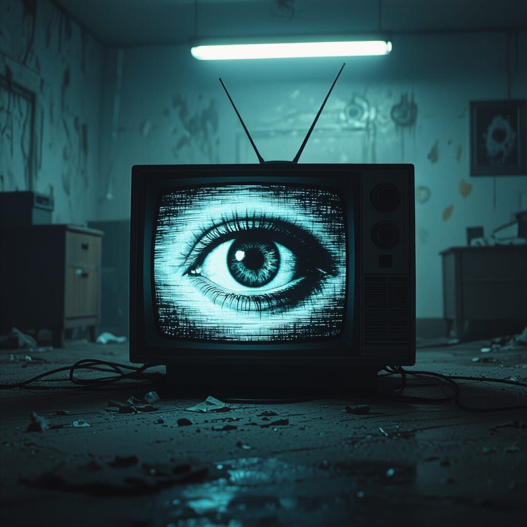 Distorted TV Screen With Unnerving Eye in Analog Horror Styl...