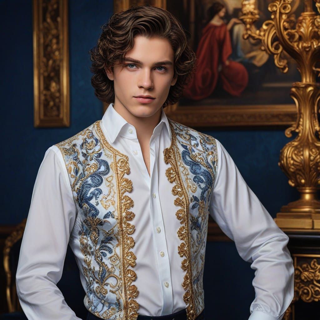 Regal Young Man in White Shirt and Navy Pants