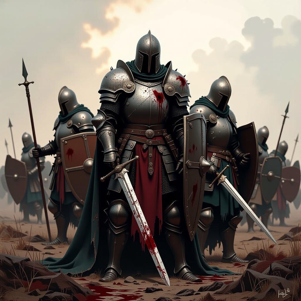 Weary Knights After Battle: Dark Fantasy Art