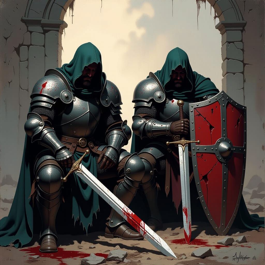 Weary Knights After Battle in Dark Fantasy Style
