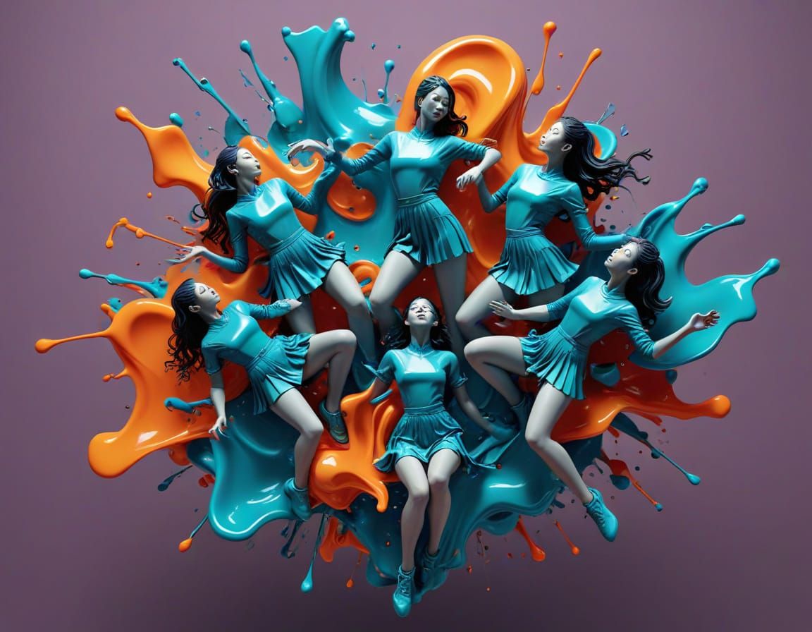 Kpop dancers  abstract surrealism 3D knolling splash art mel...