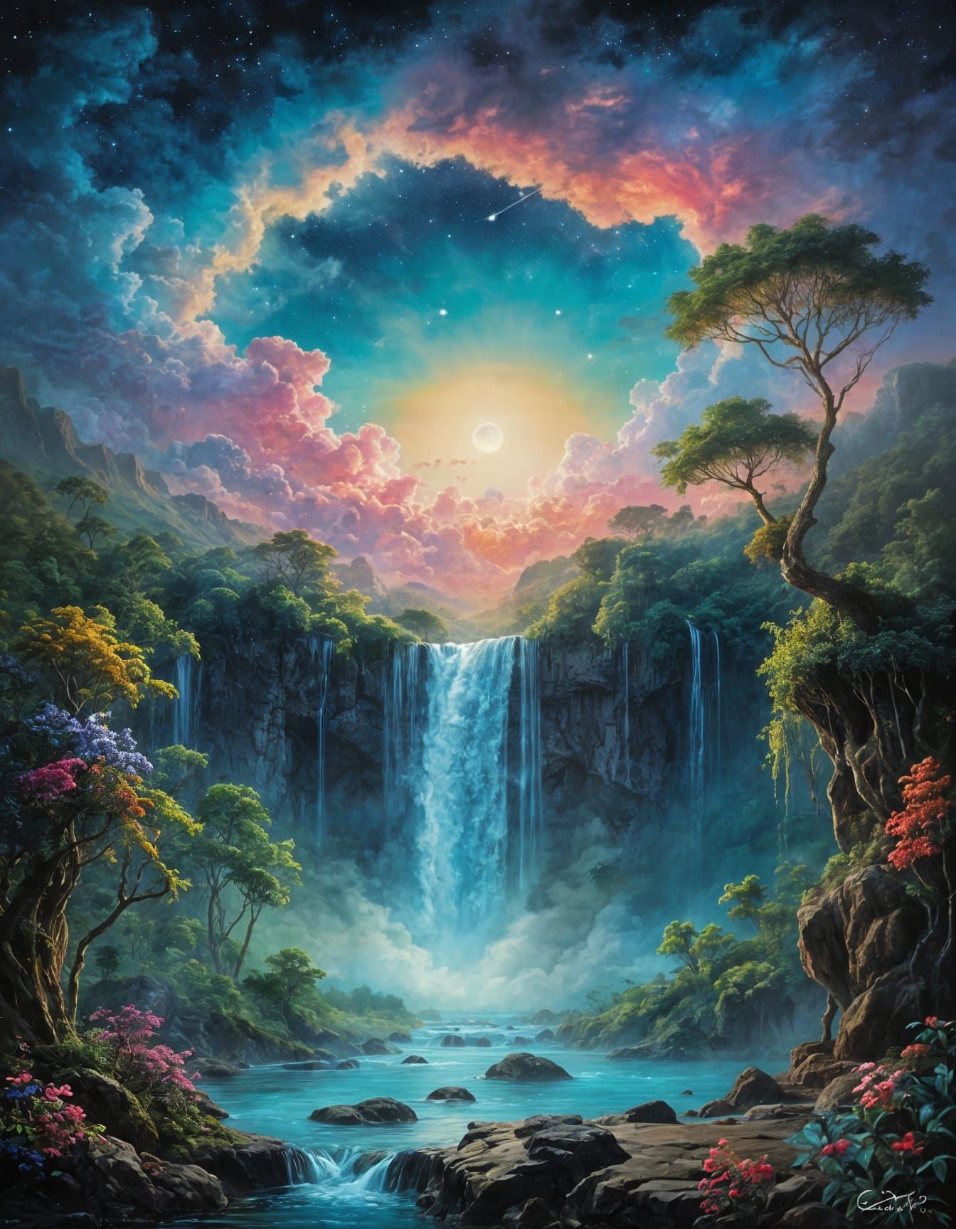 Surreal Waterfall Under Starry Sky as Dreamlike Oil Painting