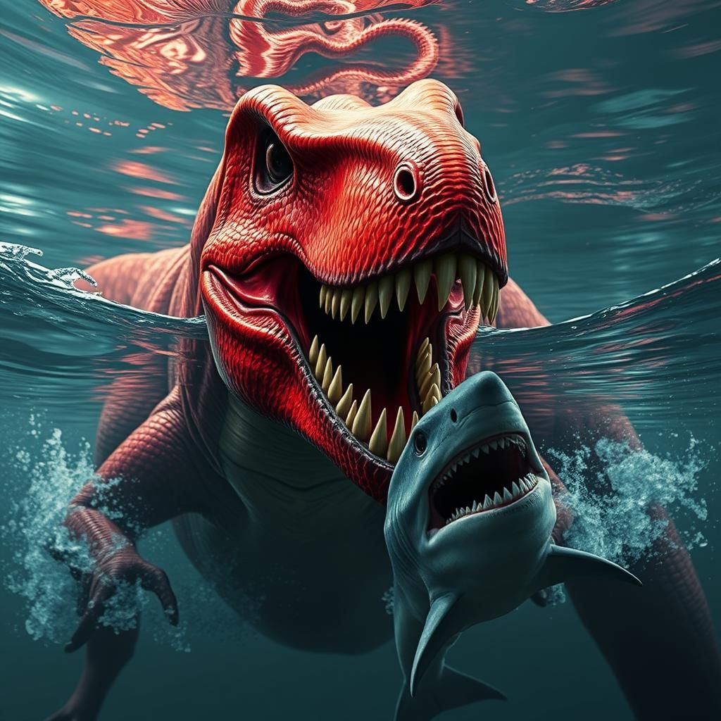 Mosasaurus with Opal Skin Hunting Shark