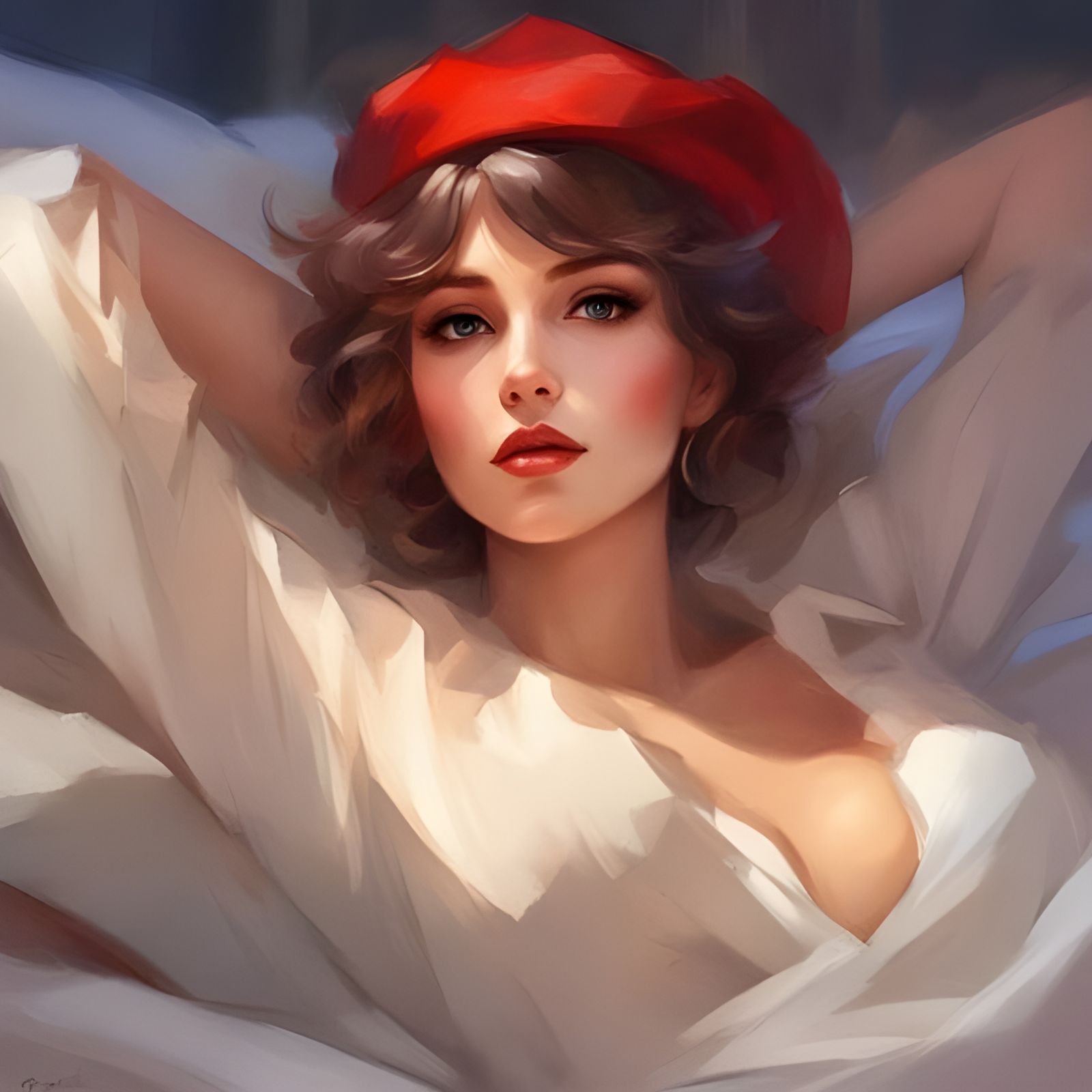 Pretty French Woman in Bed as Digital Art