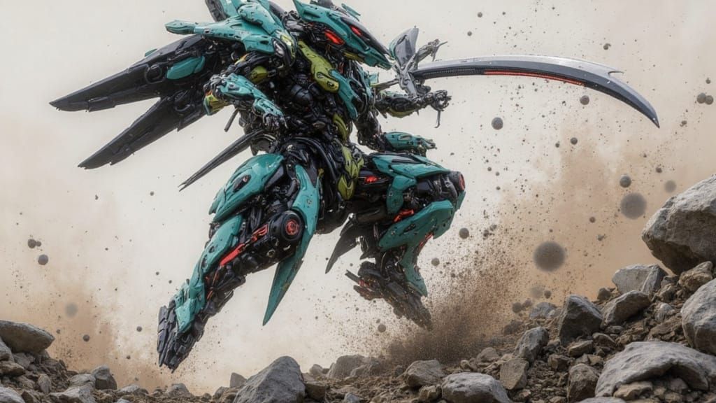 Cybernetic Samurai in Dynamic Combat Pose