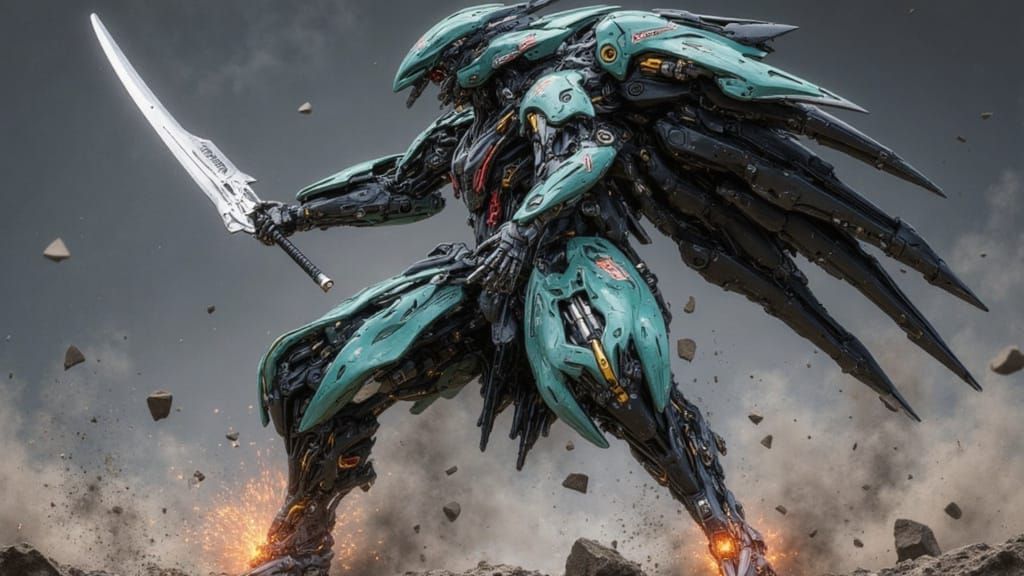 Cybernetic Samurai in Dynamic Mid-Air Slash