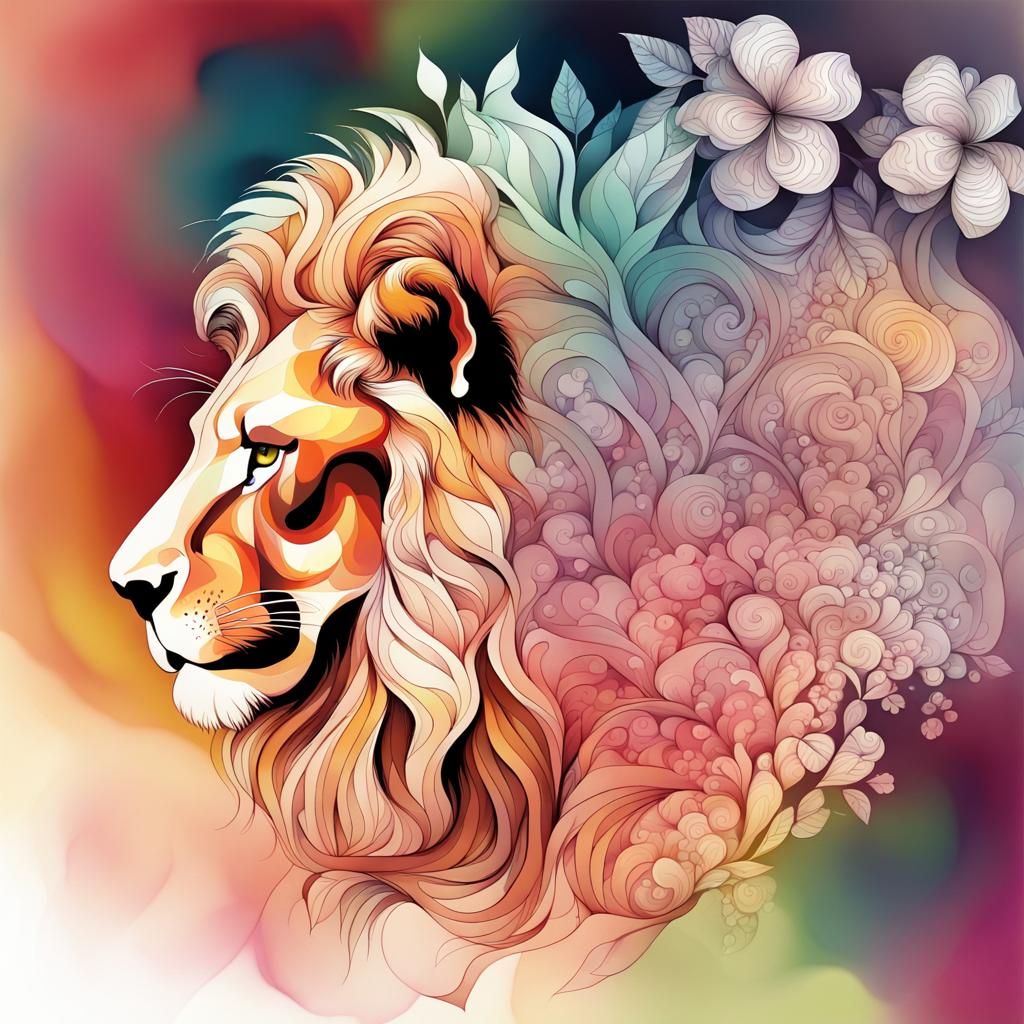 Watercolor Lion and Blossoms with Abstract Elements