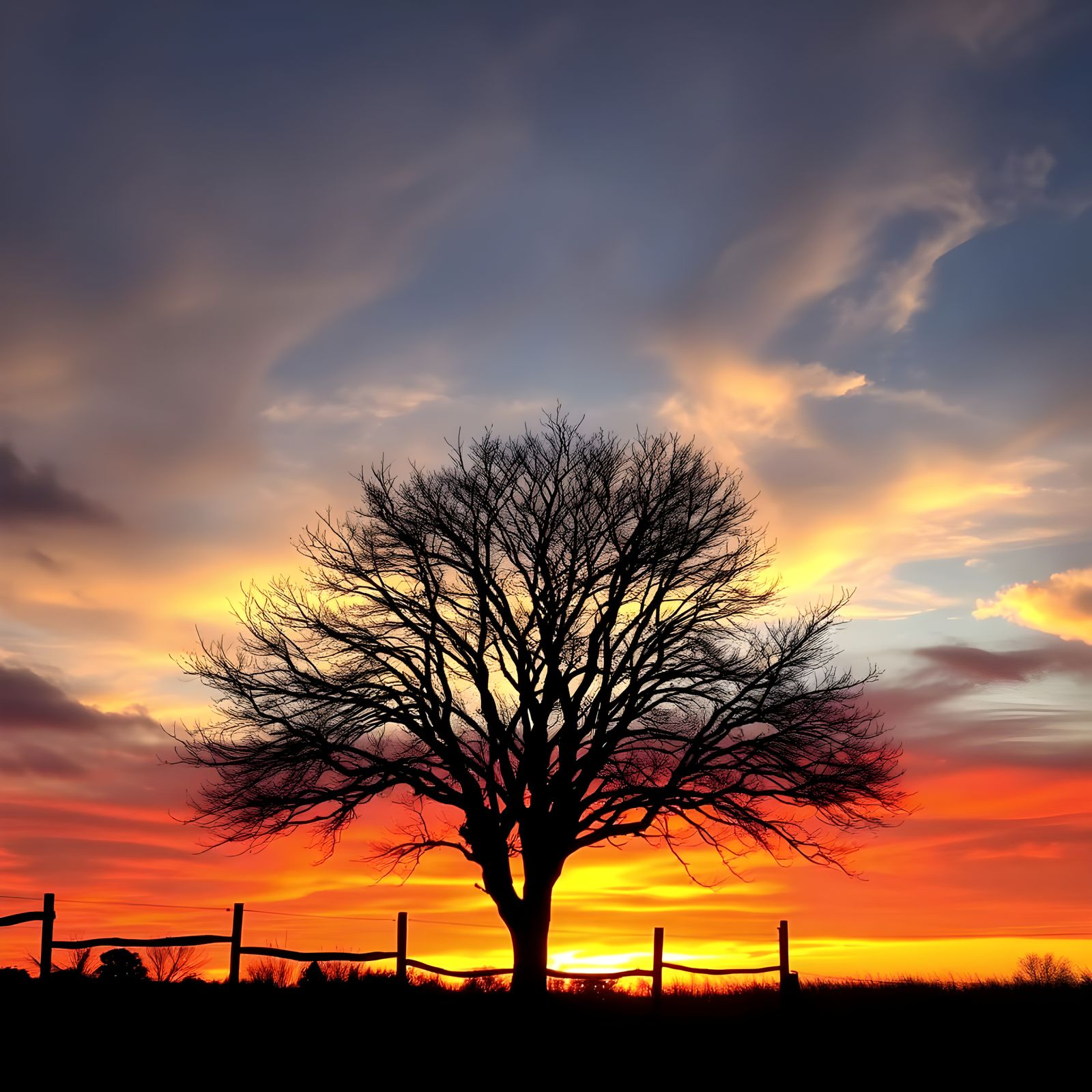 Vibrant Sunset Landscape with Swirling Clouds