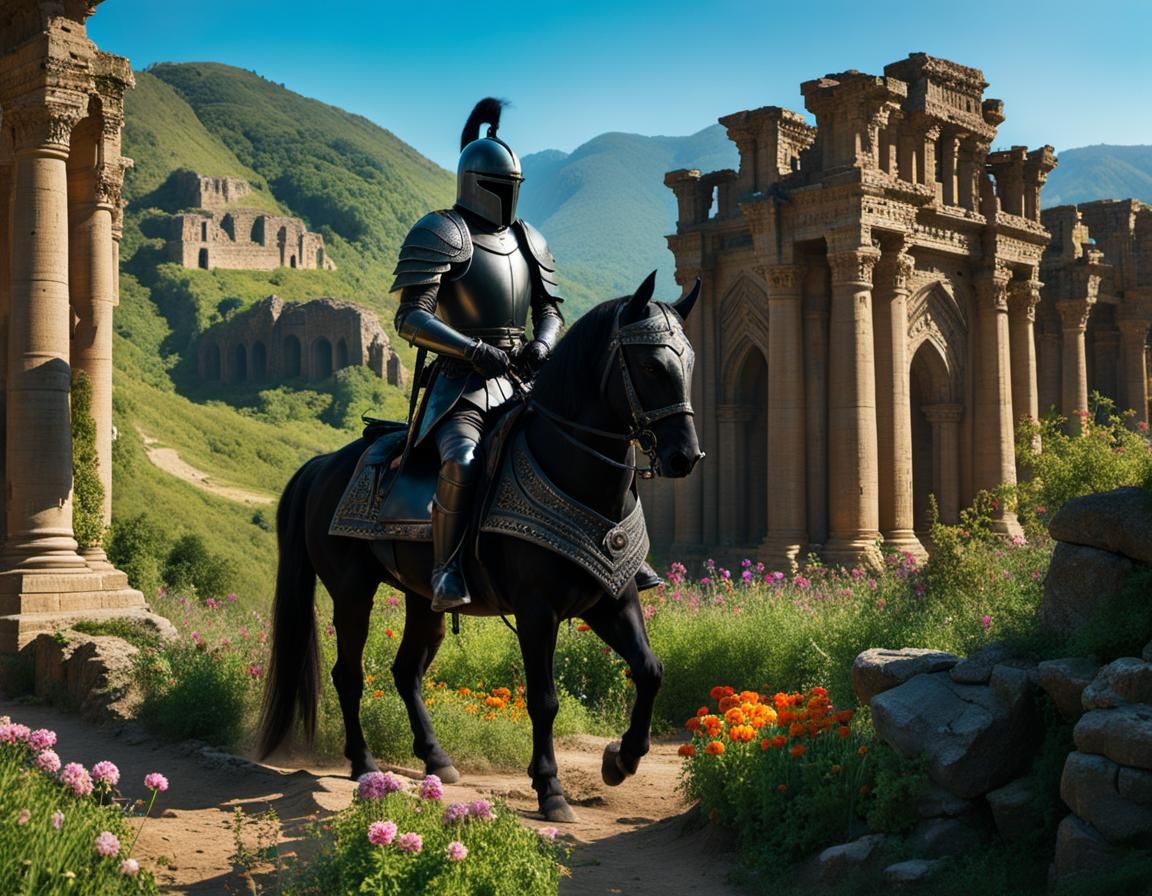 Knight Approaches Ruined Temple Complex in Sunlight