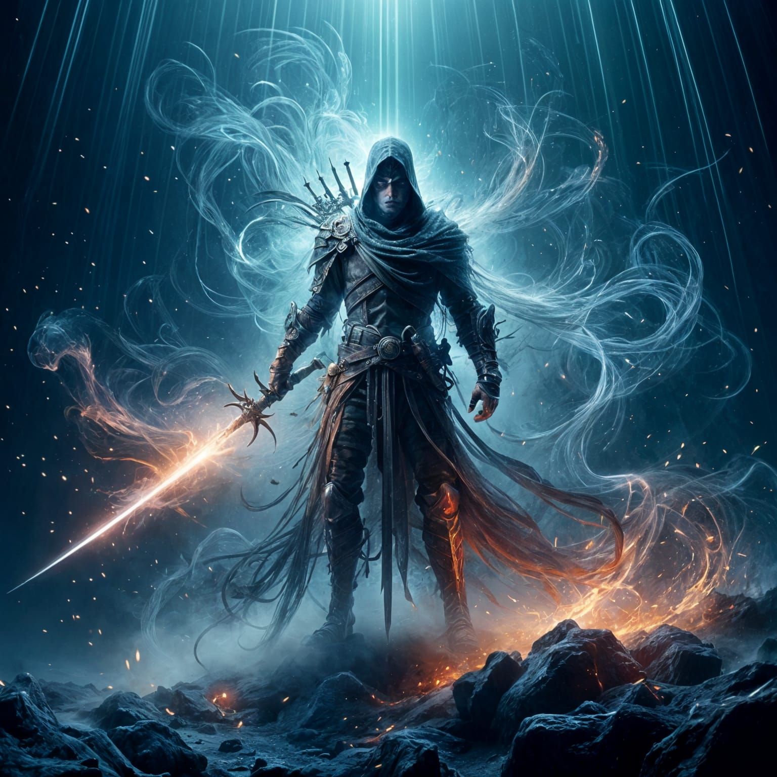 Warrior with Glowing Sword in Swirling Fog