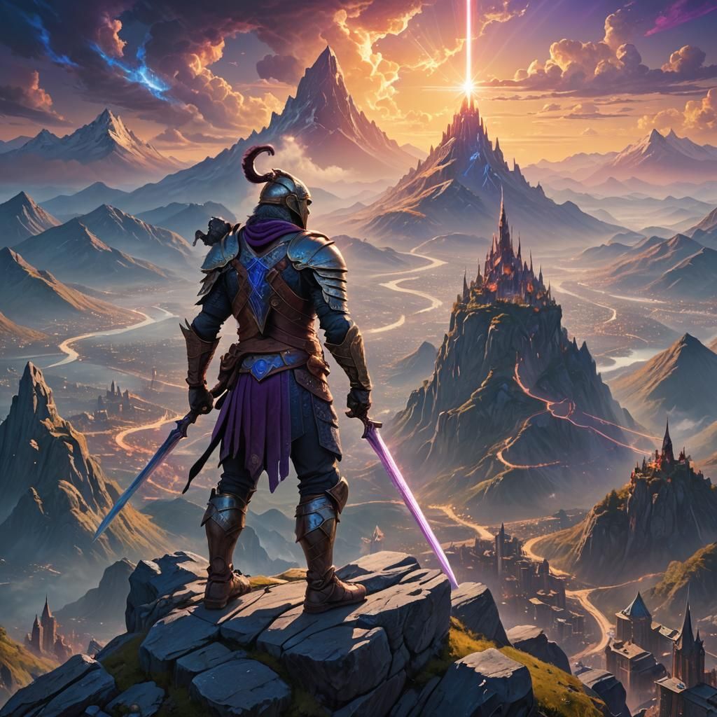 Victorious Fantasy Warrior on Mountain Peak