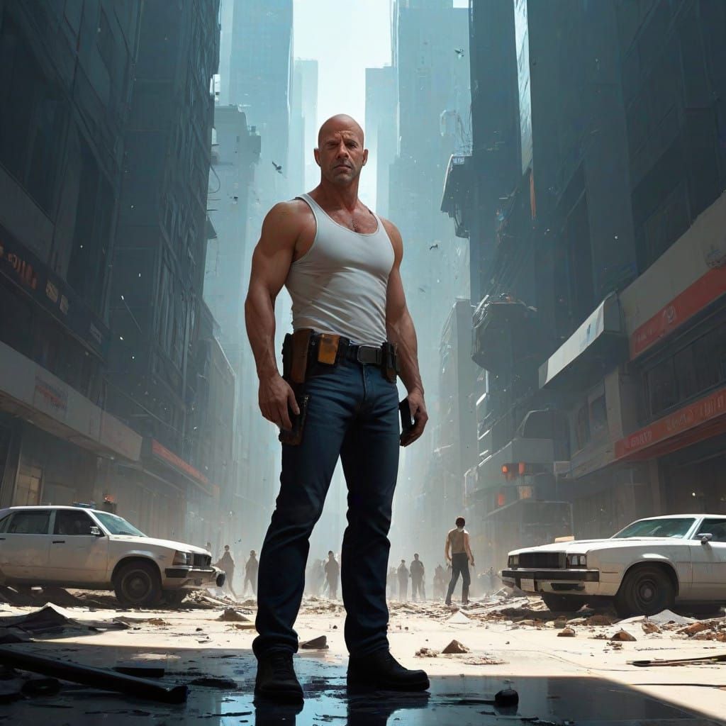 Heroic NYPD Detective in Chaotic Skyscraper Lobby