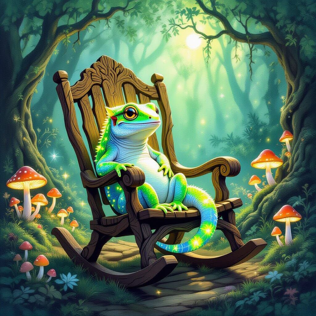 Bioluminescent Gecko in Magical Forest, Watercolor Art