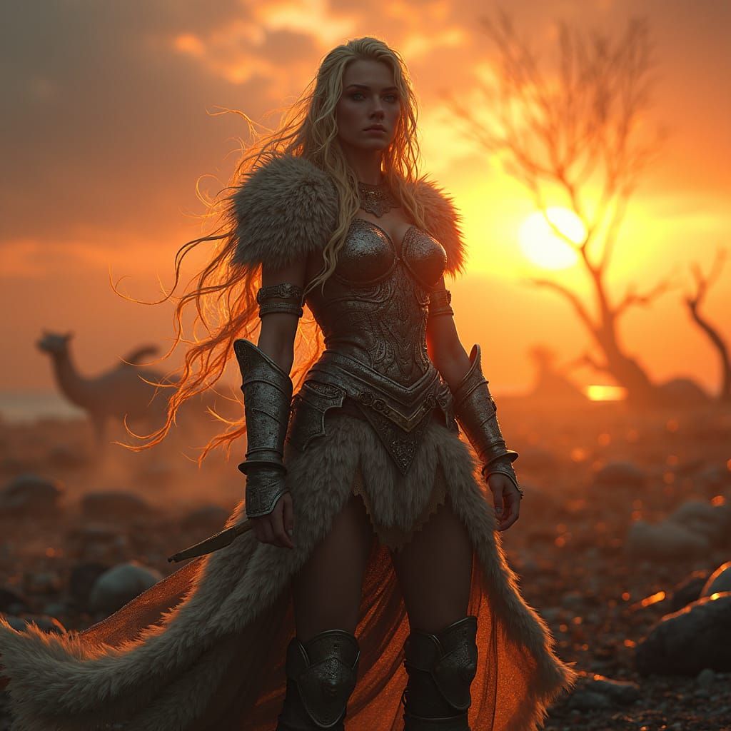 Victorious Dark Fantasy Warrior in Sunset Glow