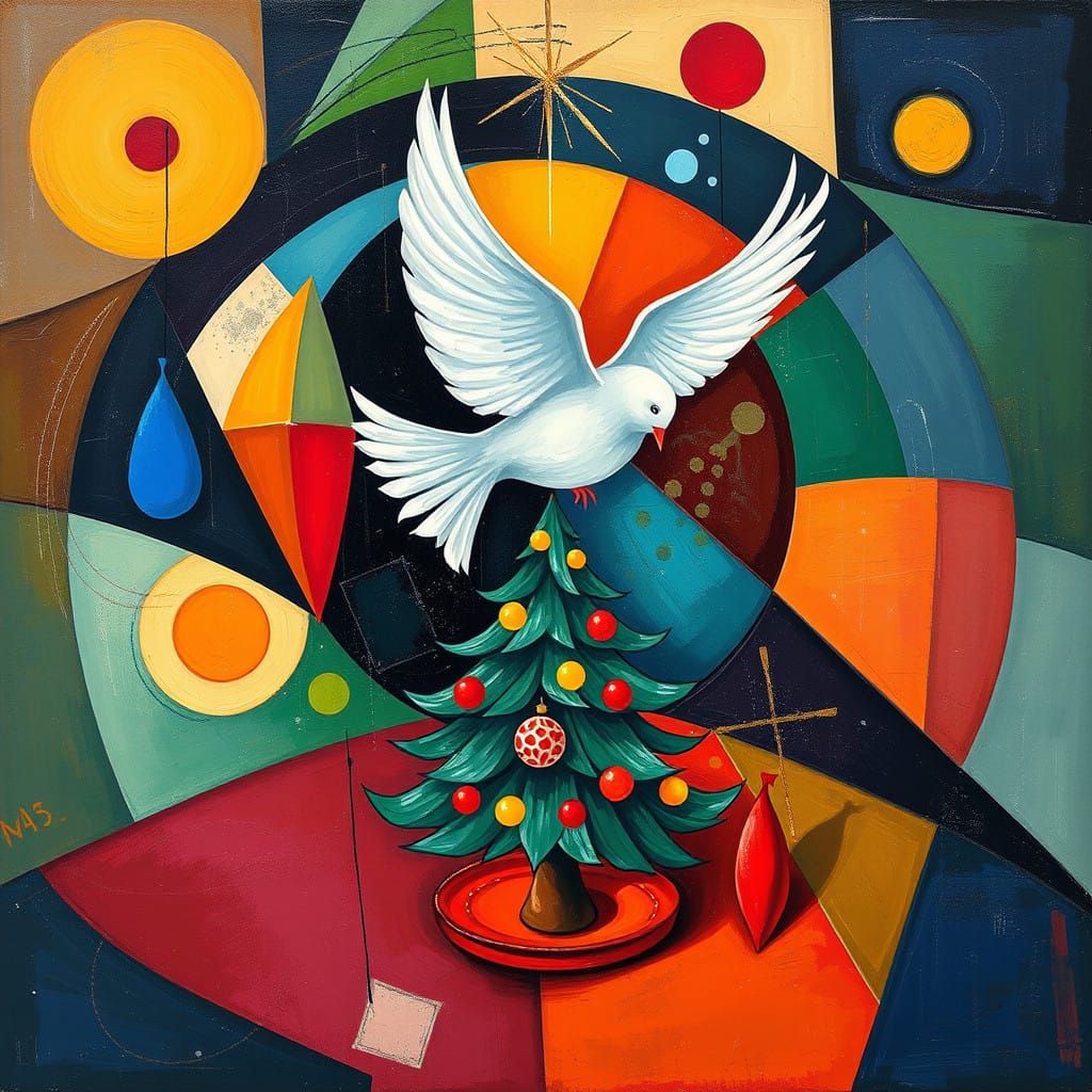Vibrant Christmas Scene with Geometric Forms and Dove