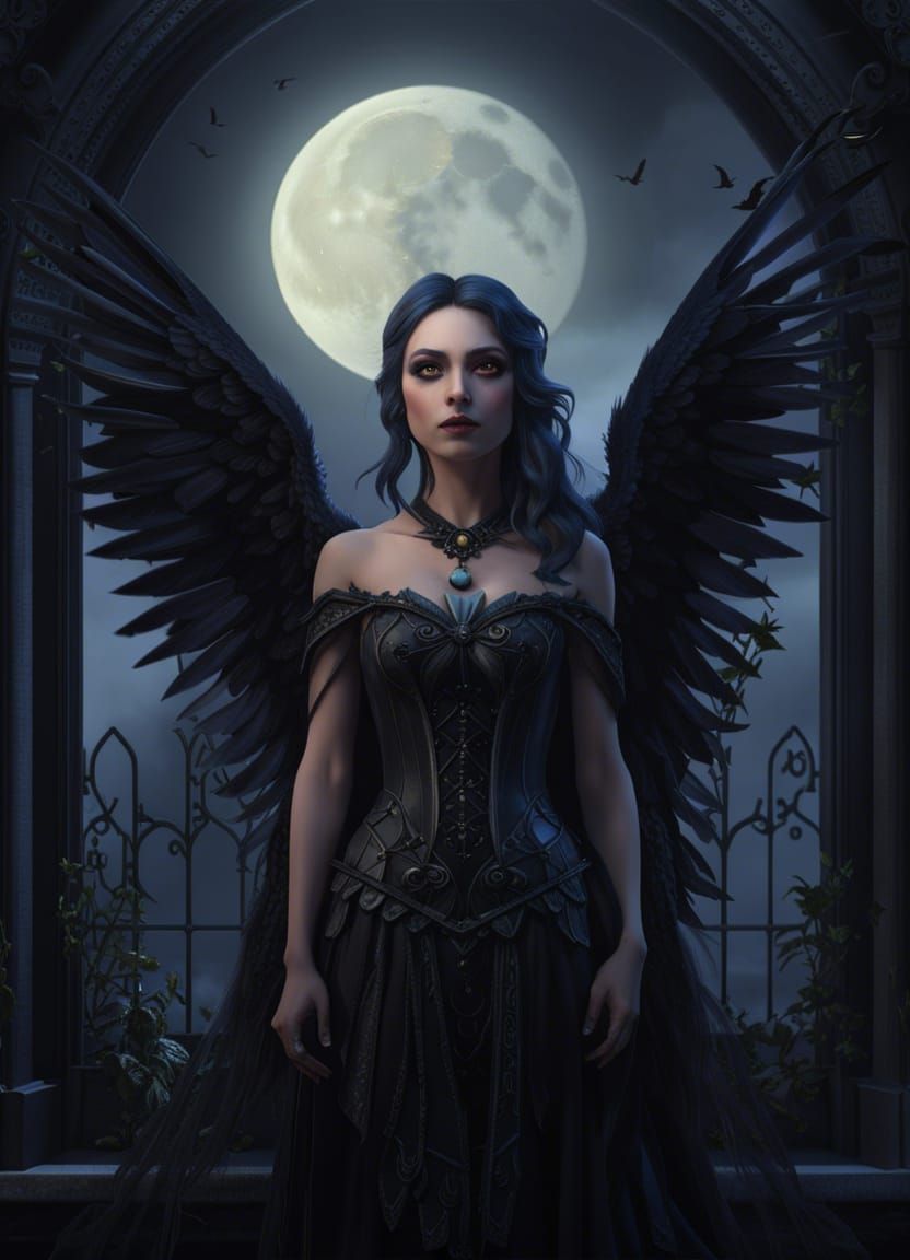 Gothic Fairy with Raven on Crumbling Archway