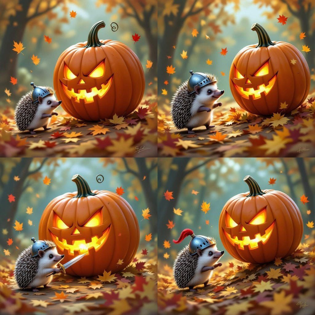 Hedgehog Knight Challenges Sentient Pumpkin in Autumn Vortex