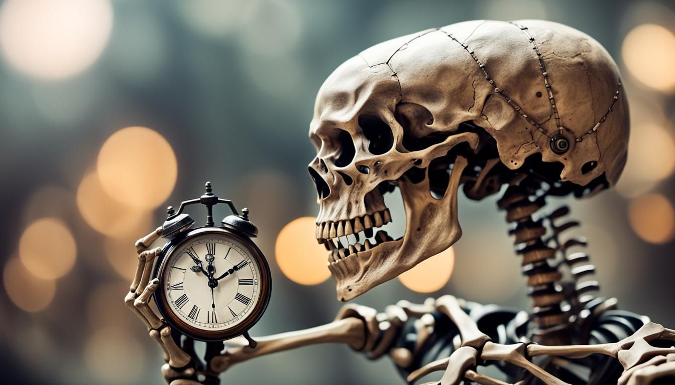 Skeleton Holding Clock: High-Definition Photography
