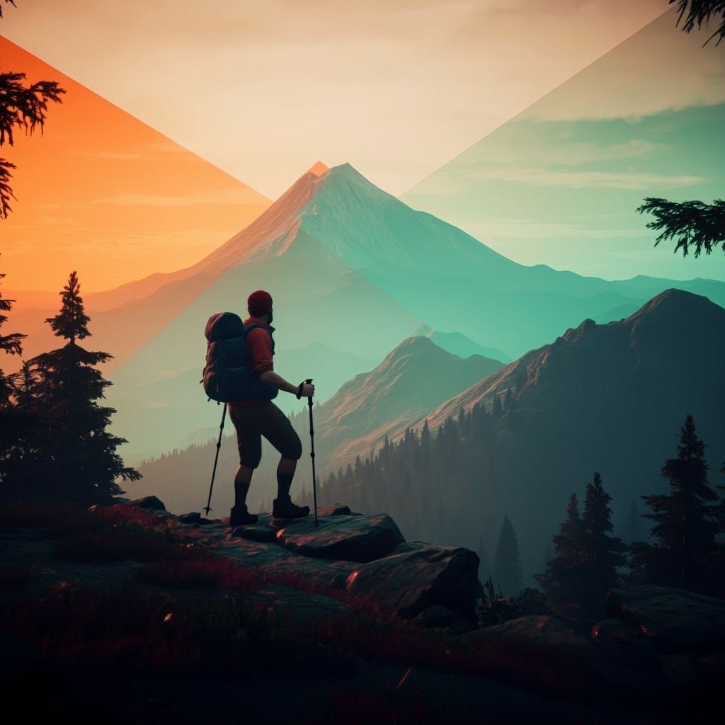 Comic Style Hiker on a Mountain Landscape