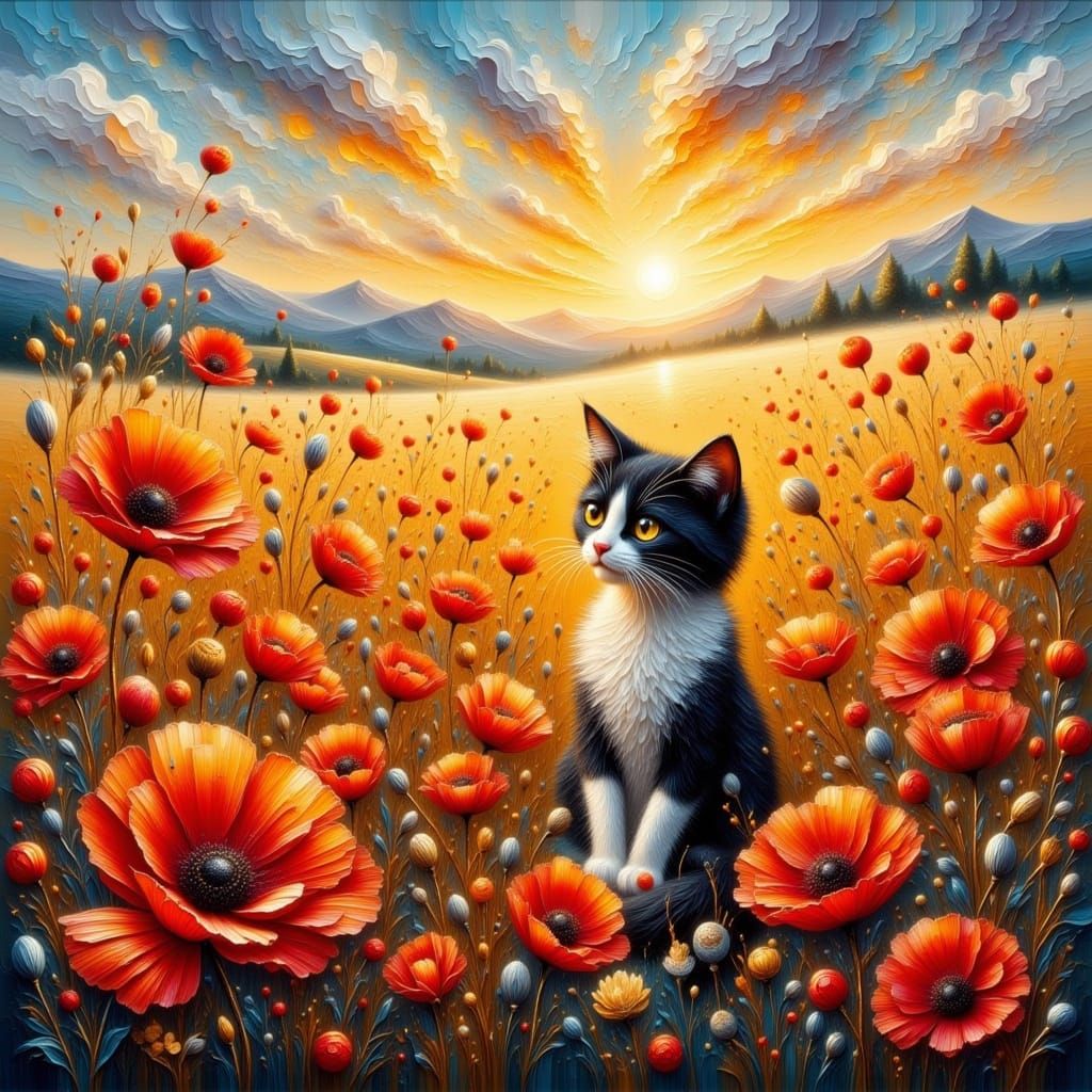 Tricolor Kitten in Poppy Field: Impressionist Oil Painting