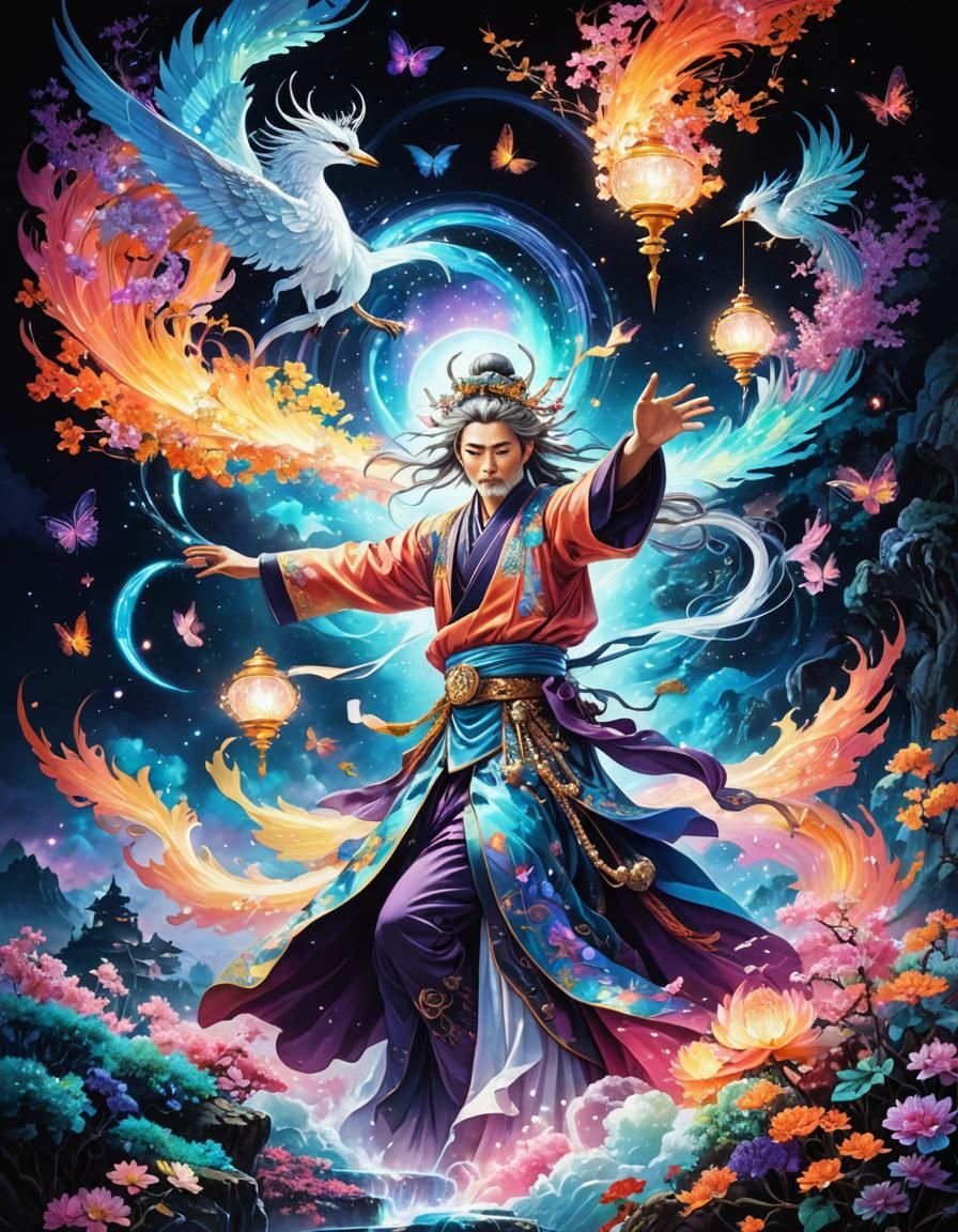 Oriental Wizard Casting Spell in Vaporwave Anime Style