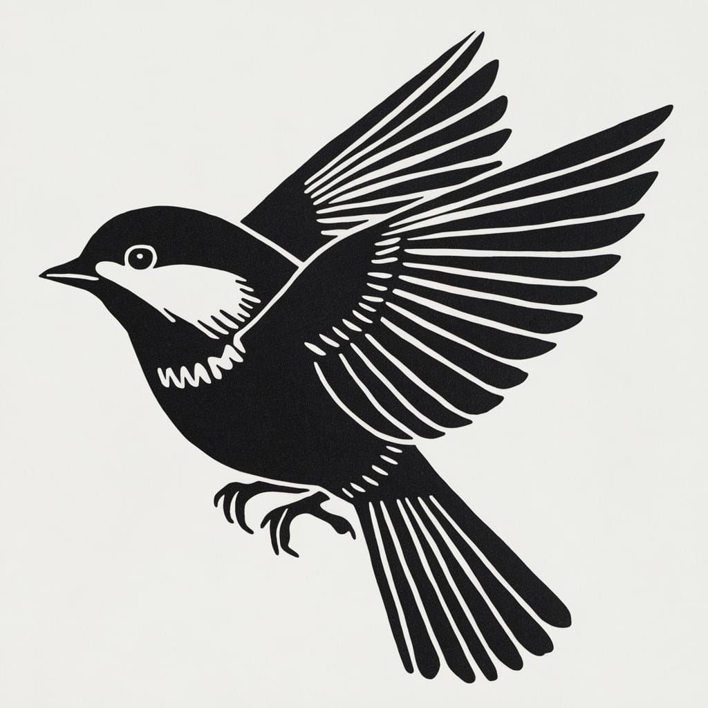 A Black and White Woodcut of a Chickadee in Flight