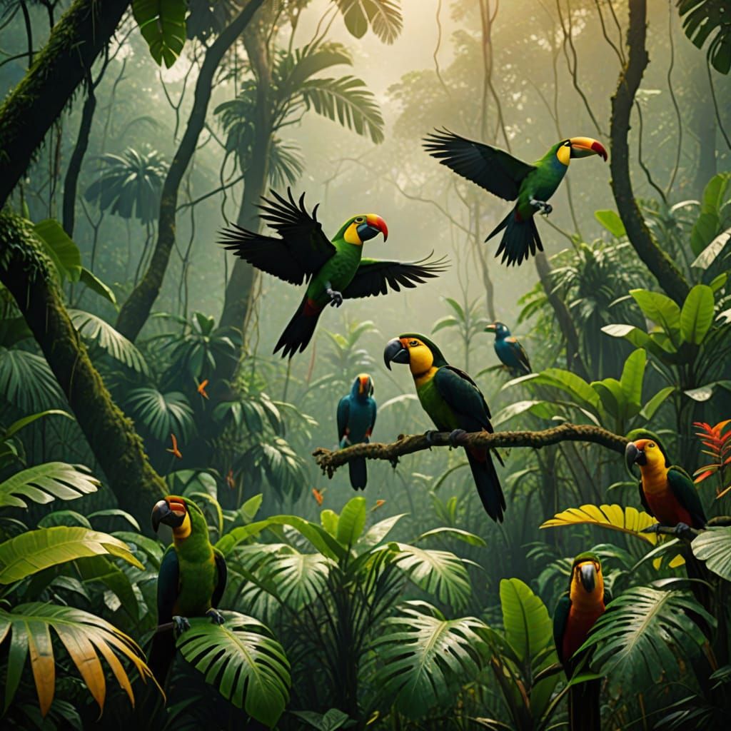 Tropical Birds in Misty Rainforest: Photorealistic Film Stil...