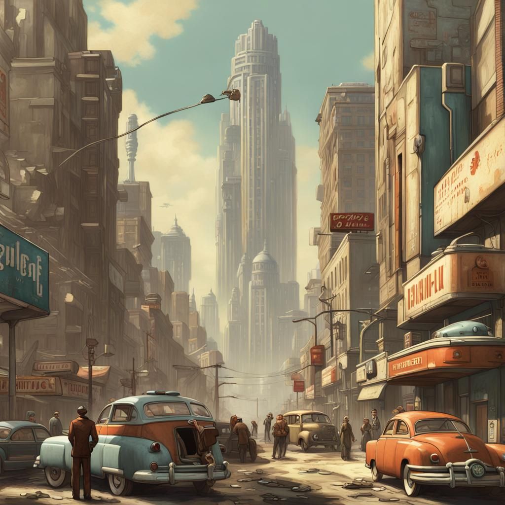 Fallout Pre-War City Life in Retro-Futuristic Style