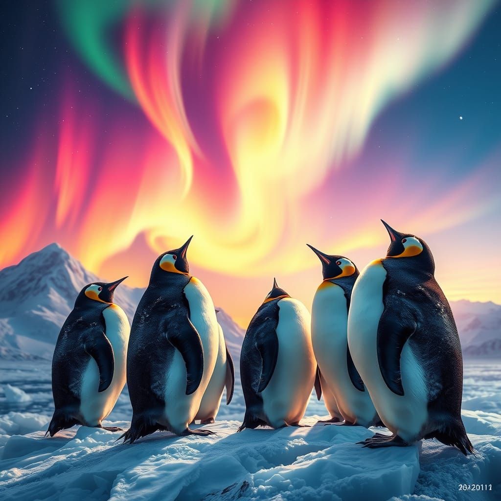 Penguins Admire Vibrant Aurora Display in Hyperrealistic Lan...