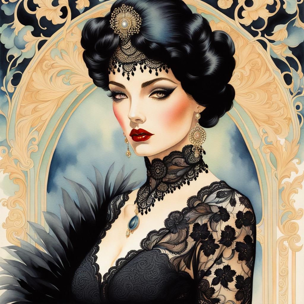 Fantasy Lady in Black Lace: Watercolour Art