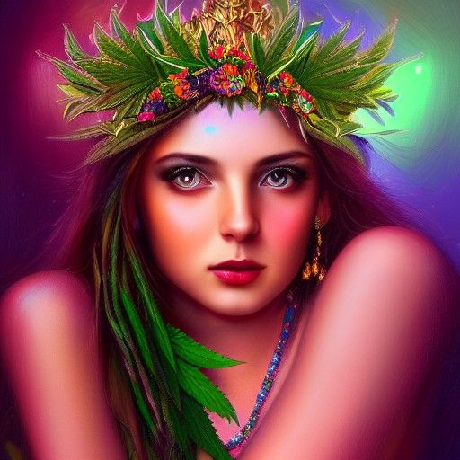 Radiant Marijuana Goddess with Weed Crown