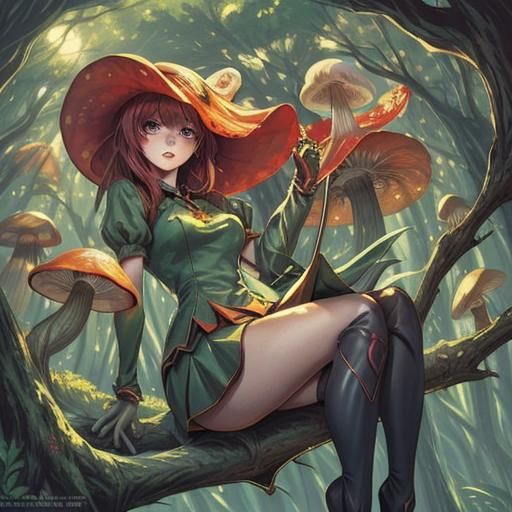 Mushroom Girl on Branch in Anime Style
