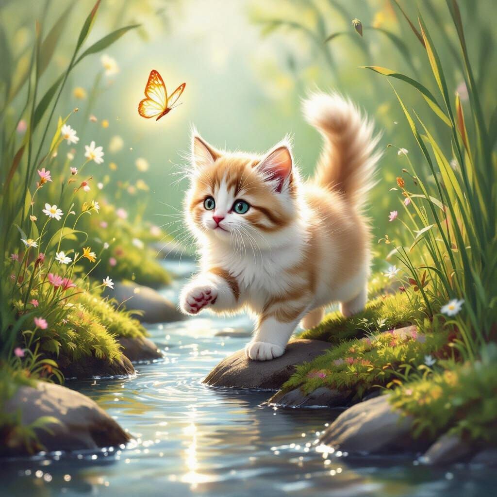 Kitten's Enchanted Chase: A Painterly Forest Scene