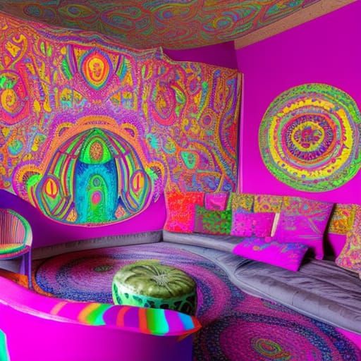 Mischievous fairy penthouse with Magenta pink walls& purple walls& Blue walls& Circular windows& magenta pink furniture&...