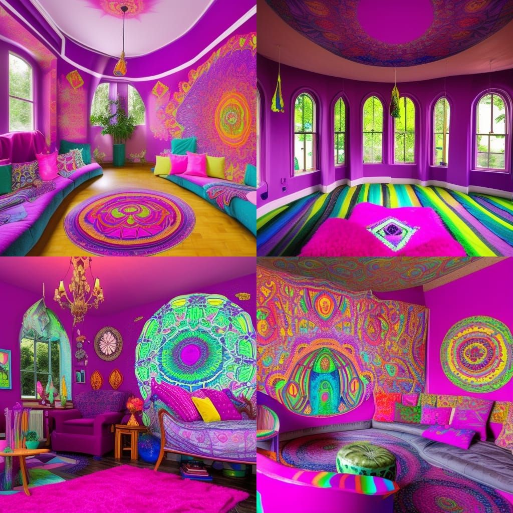 Mischievous fairy penthouse with Magenta pink walls& purple walls& Blue walls& Circular windows& magenta pink furniture&...