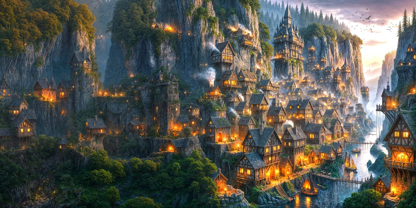 Cliffside Medieval Town in Ancient Forest Illustration