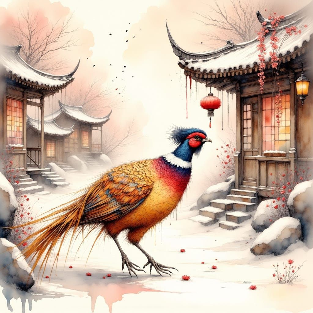Golden Pheasant in Snowy Chinese Landscape