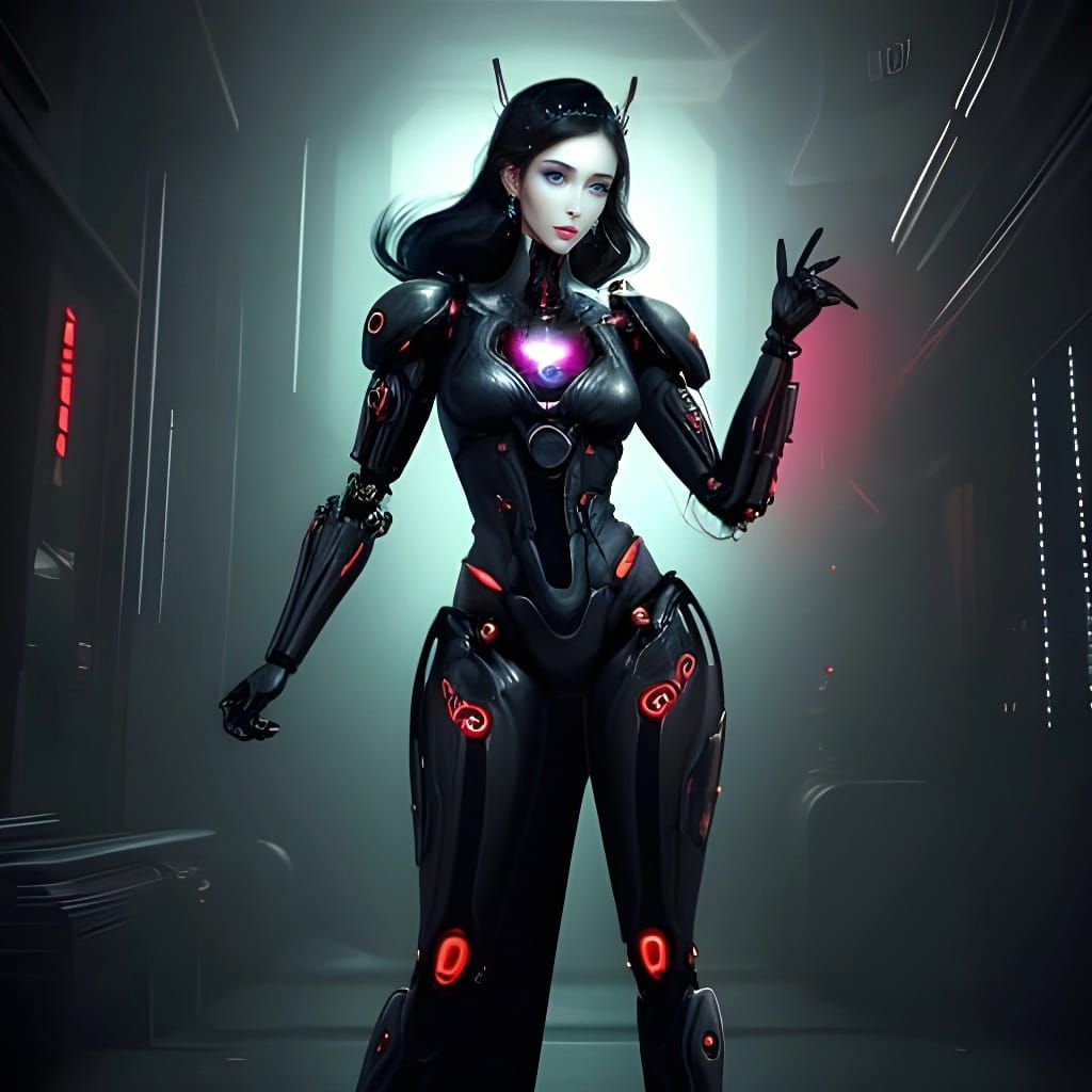 Gothic Pinup Gynoid Cyborg Robot in Cyberpunk Style