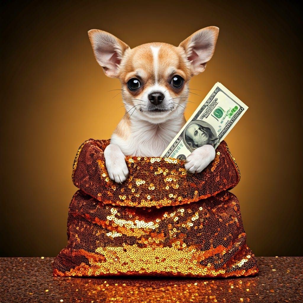 Luxurious Canine Scene in Sequined Golden Bag