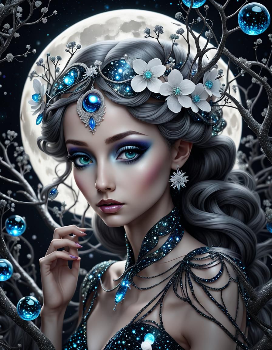 Bioluminescent flower fairy shimmery particle glitter, glass bubbles, neon magnificence, full moon dark sky, entwined tr...