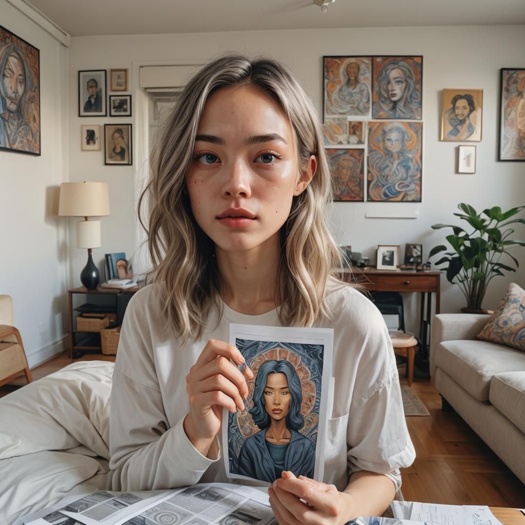 Surprised Woman in Minimalist Flat: Hyperrealistic Splash Ar...