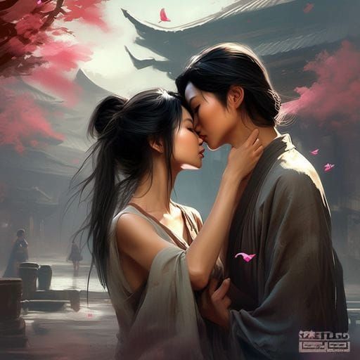 Beautiful Asian Women Kissing: A Royo-Inspired Portrait