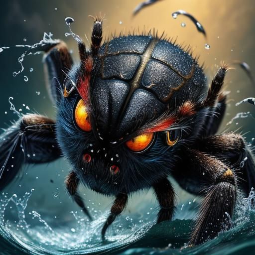 Hyperrealistic Spider Climbing Waterspout in Splash Art Styl...