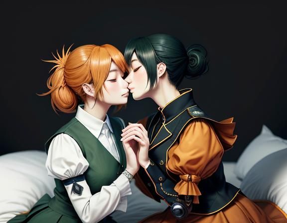 Kemono Twin Sisters Kissing in Manga Style