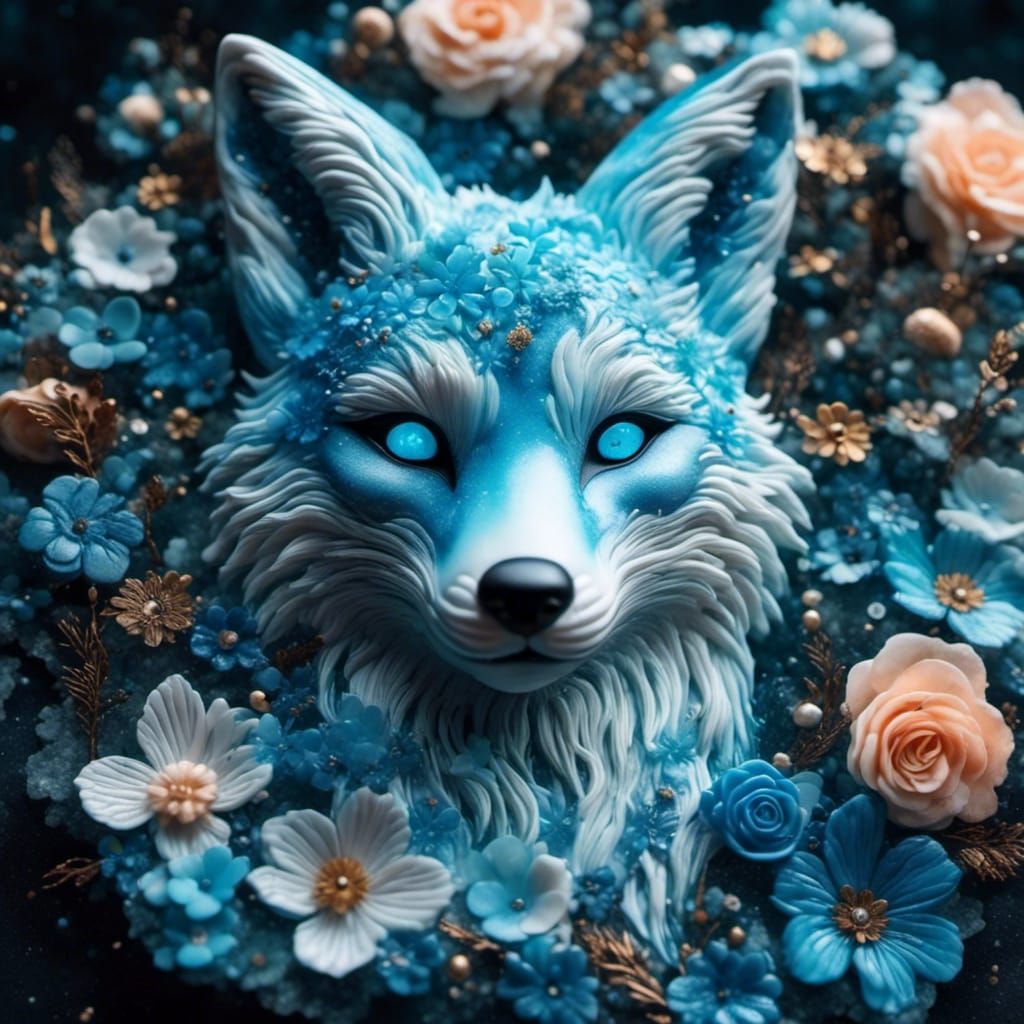 Glowing Eyed Fox with Flower Crown in Ebru Art Style