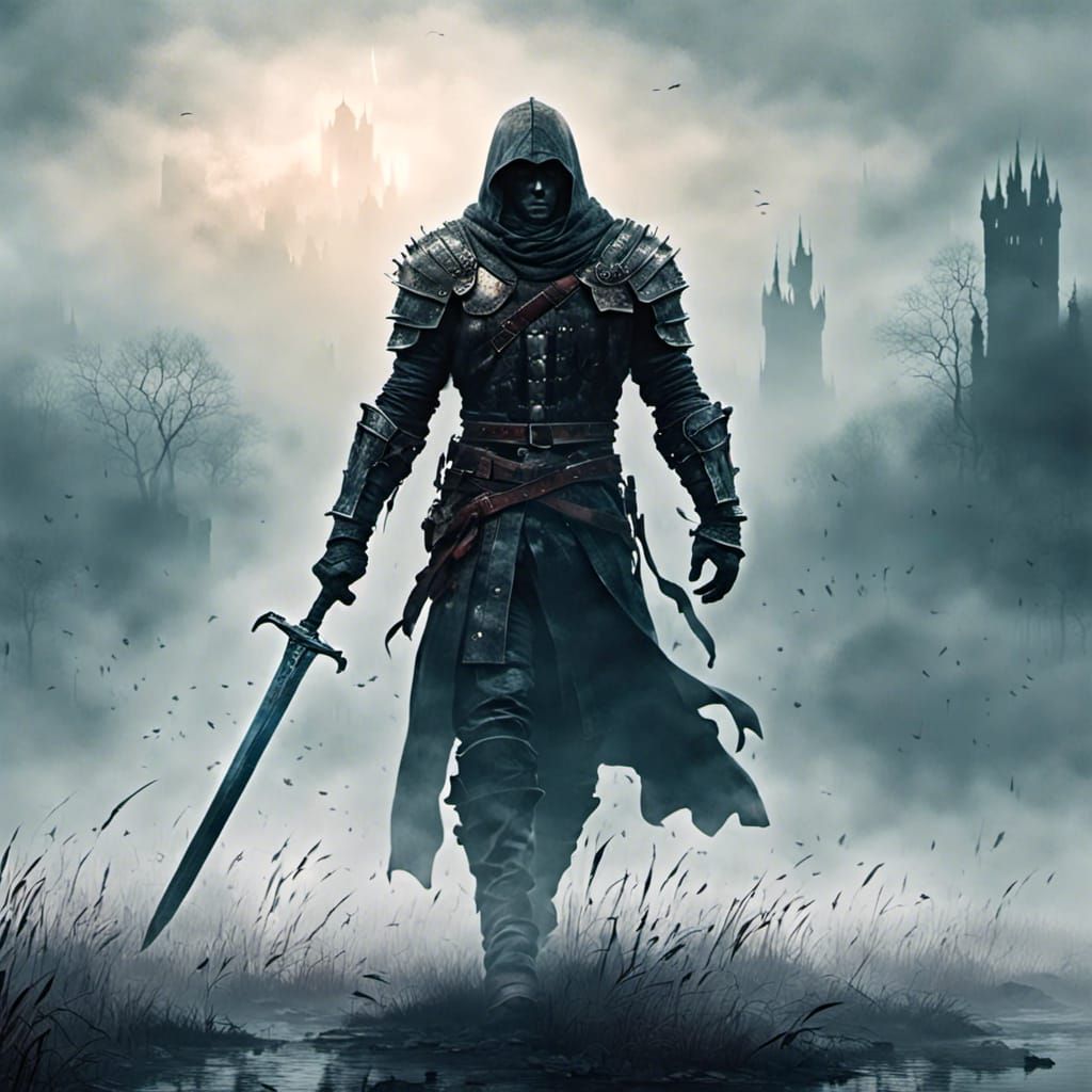 Hooded Warrior Emerges from Mist, Sword Drawn
