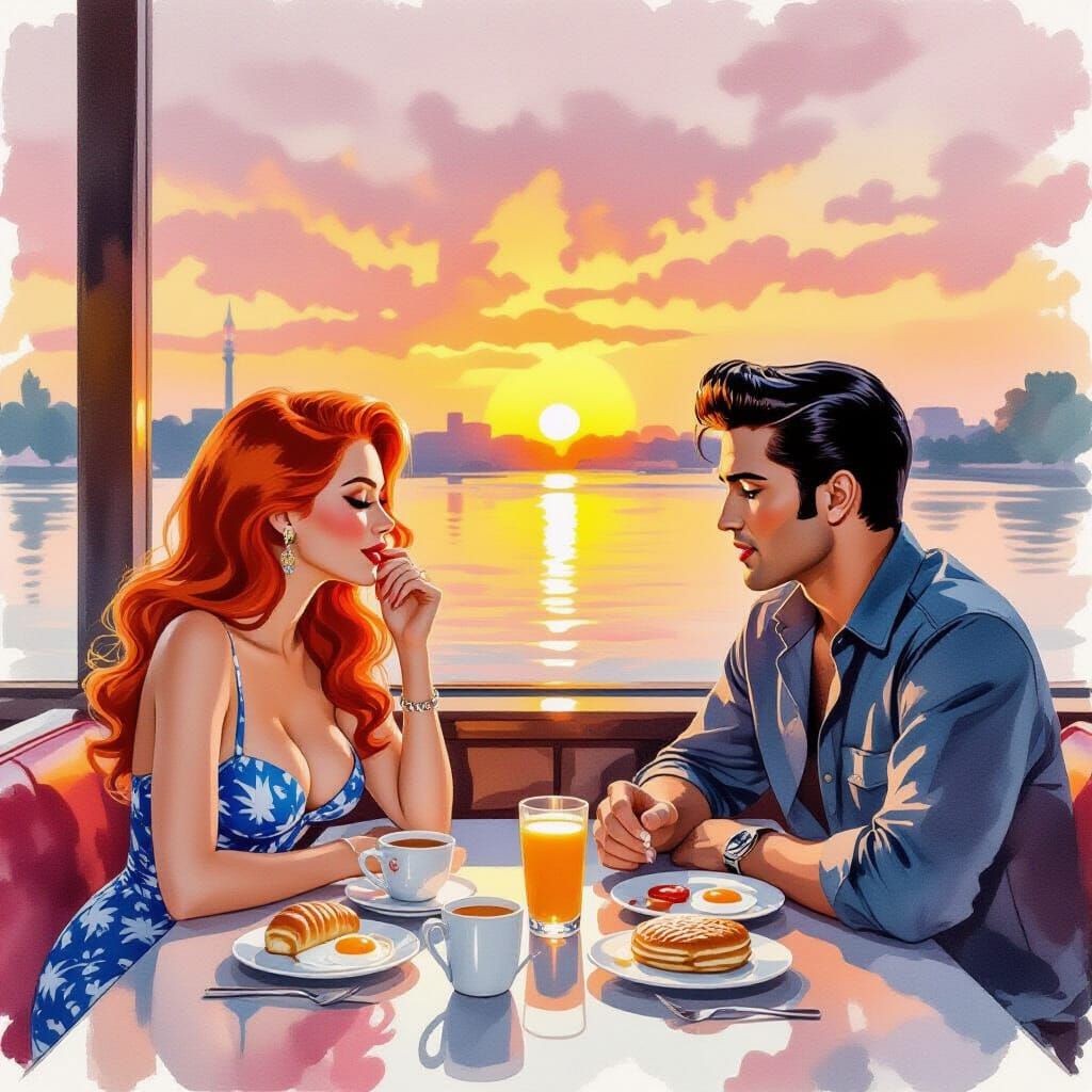 Morning Diner Vista in Watercolor Style