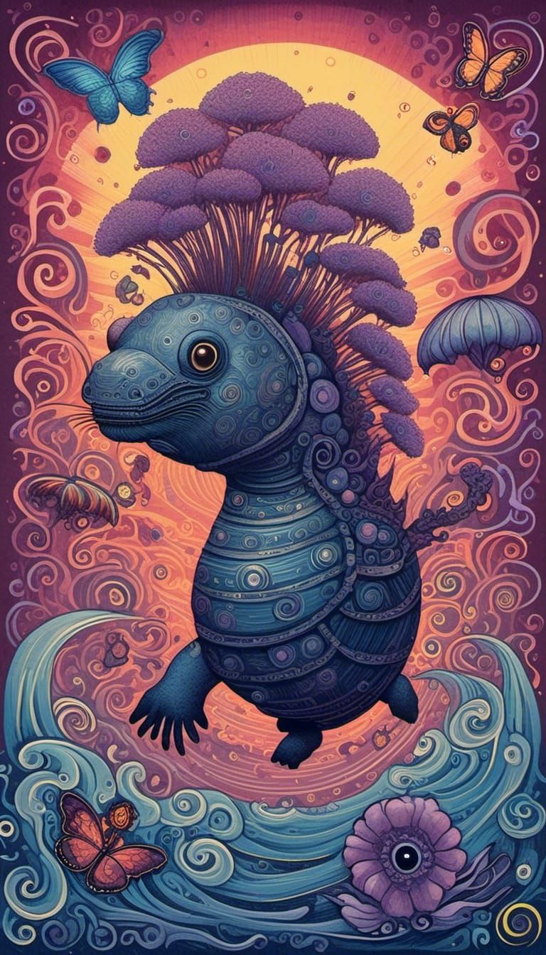 Platypus Attacked by Rainbow in Junji Ito Style