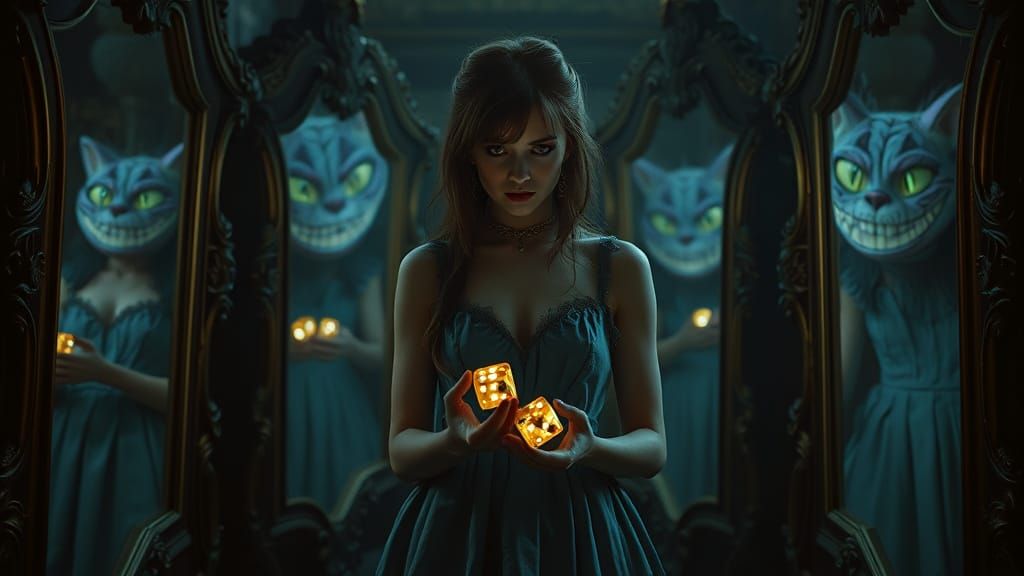 Alice in Hall of Mirrors with Cheshire Cat